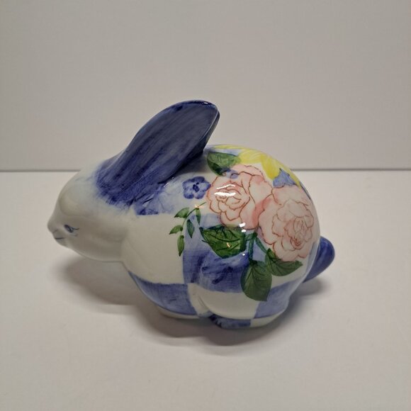 Ceramic Easter Bunny Rabbit Figurine Blue/White Check Yellow Pink Floral Cottage - Picture 3 of 7